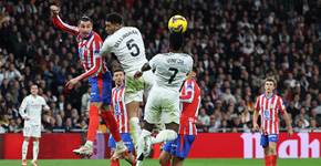 #07 Vinicius Junior - Real Madrid's Brazilian forward #07 Vinicius Junior heads the ball during the Spanish league football match between Real Madrid CF and Club Atletico de Madrid at Santiago Bernabeu Stadium in Madrid on February 8, 2025. (Photo by Thomas COEX / AFP)